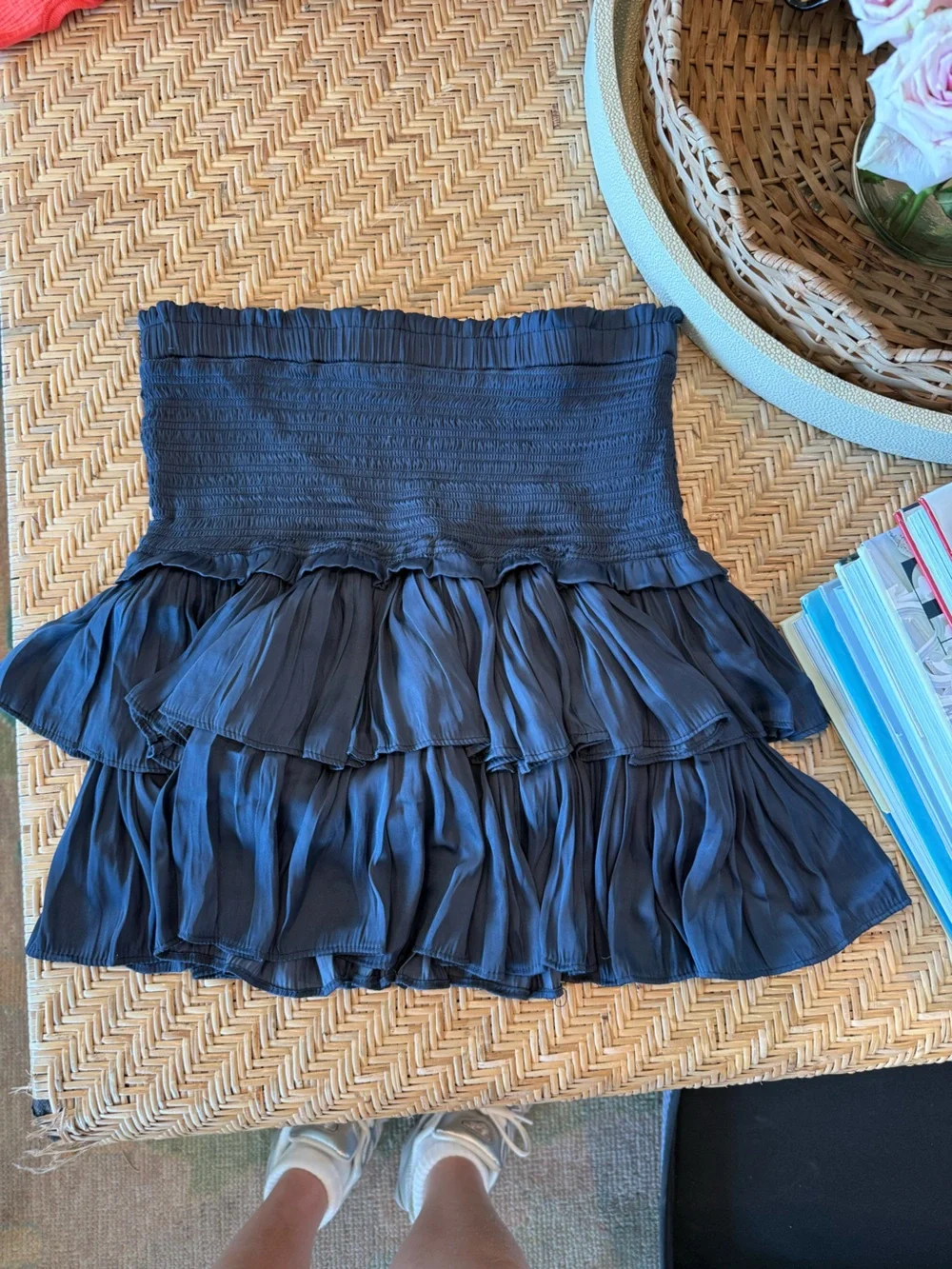 Smocked Waist Navy Blue Ruffled Skater Skirt